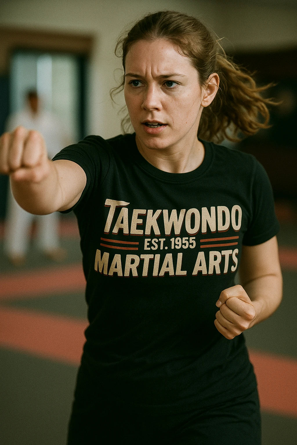 "Taekwondo Est 1955 Martial Arts" black martial arts tee shirts, photographed as martial art lover gift