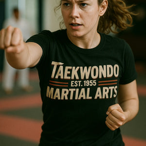 "Taekwondo Est 1955 Martial Arts" black martial arts tee shirts, photographed as martial art lover gift