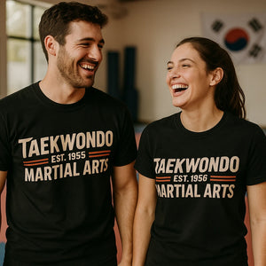 Person wearing the black martial arts tee shirts graphic tee - "Taekwondo Est 1955 Martial Arts" design