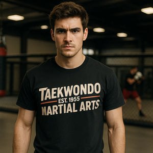 Lifestyle shot of the "Taekwondo Est 1955 Martial Arts" black martial arts tee shirts in a real-world setting