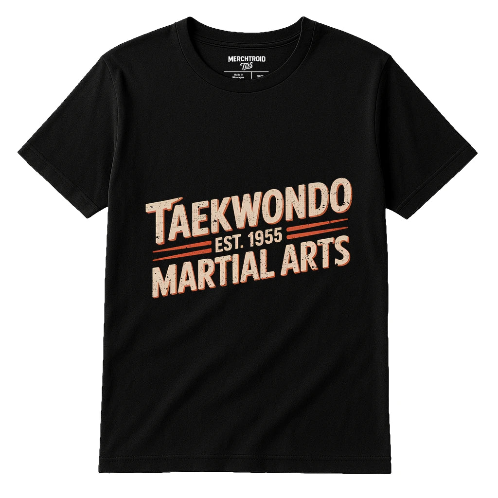 Black Martial Arts Tee Shirts - "Taekwondo Est 1955 Martial Arts" graphic tee with beige print, flat lay product photo