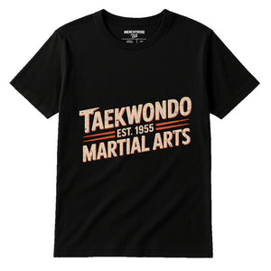 Black Martial Arts Tee Shirts - "Taekwondo Est 1955 Martial Arts" graphic tee with beige print, flat lay product photo