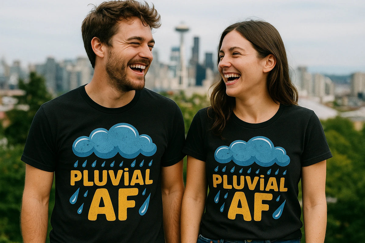Person wearing the black t shirt purple rain graphic tee - "Pluvial Af" design