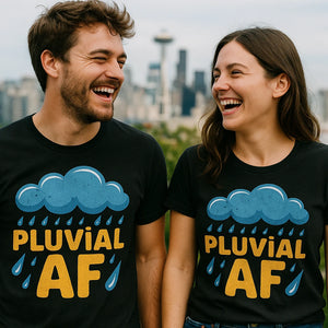 Person wearing the black t shirt purple rain graphic tee - "Pluvial Af" design