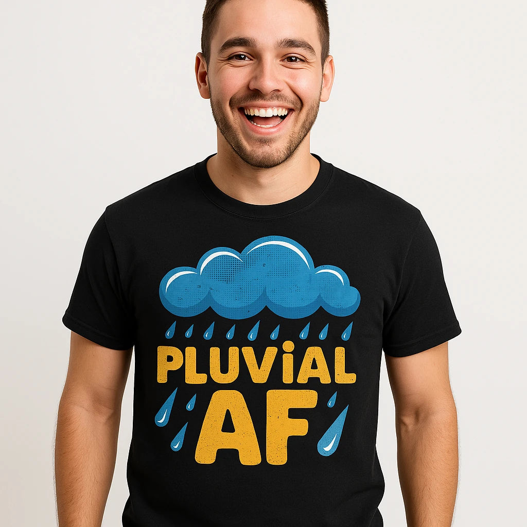 Close-up of the "Pluvial Af" teal print on a premium Bella+Canvas black t shirt purple rain