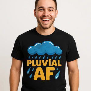 Close-up of the "Pluvial Af" teal print on a premium Bella+Canvas black t shirt purple rain
