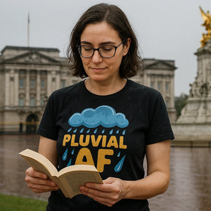 Lifestyle shot of the "Pluvial Af" black t shirt purple rain in a real-world setting
