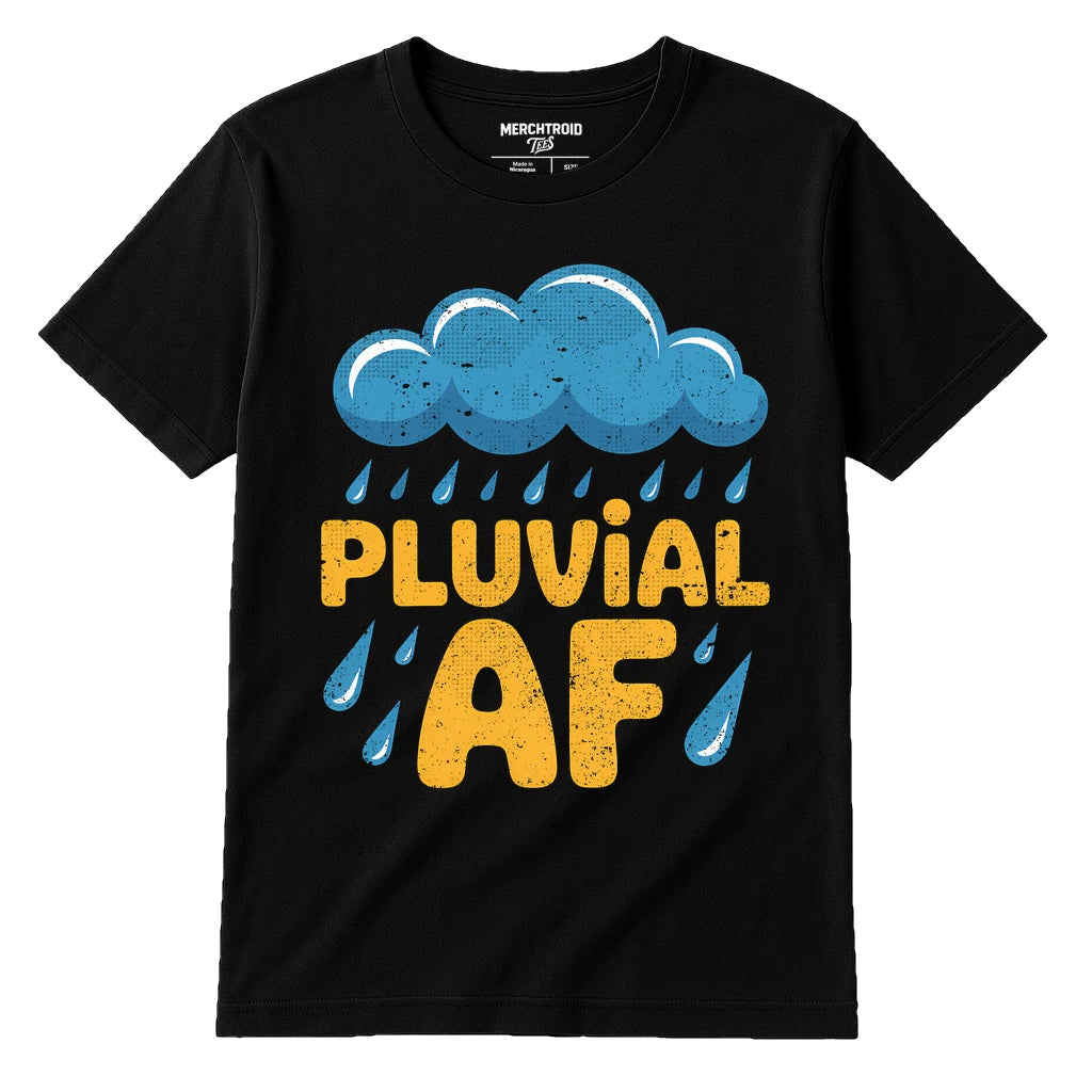 Black T Shirt Purple Rain - "Pluvial Af" graphic tee with teal print, flat lay product photo