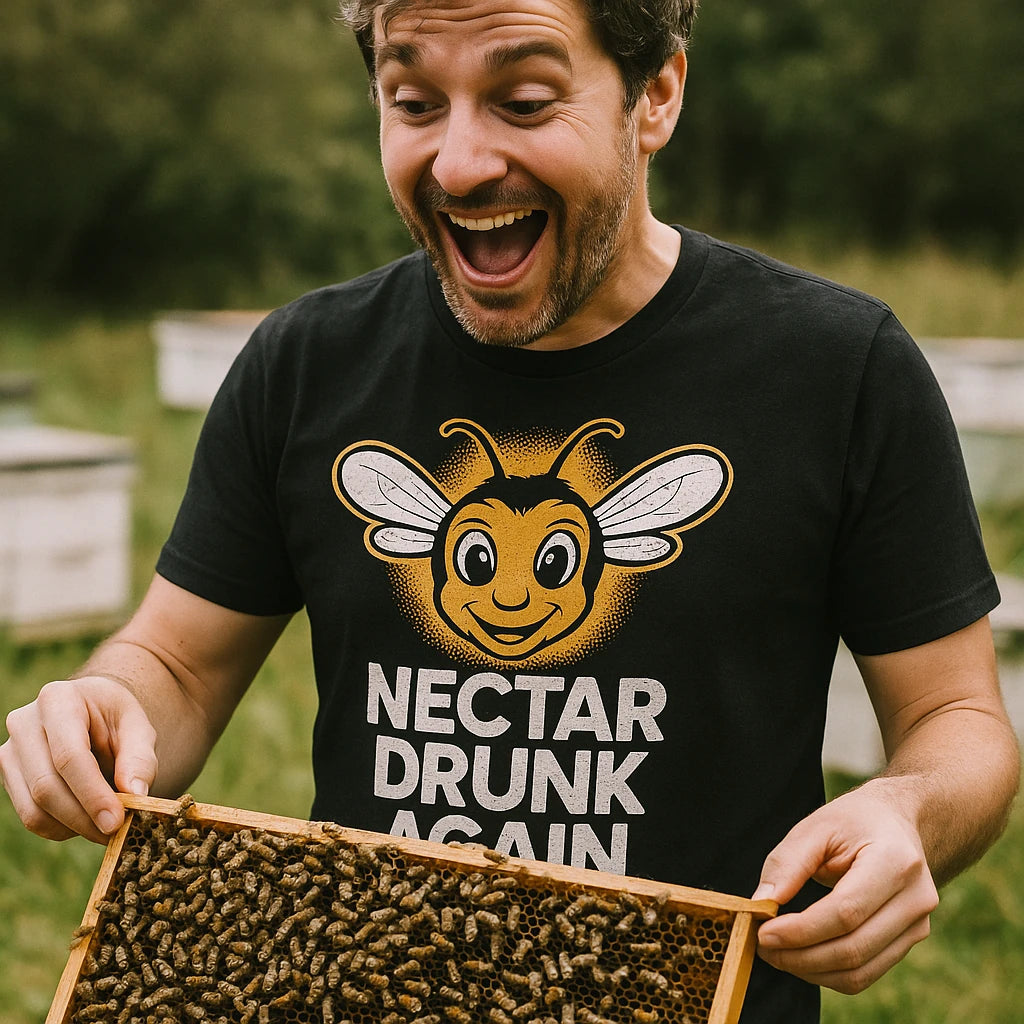 "Nectar Drunk Again" black bee t shirt - also one of the best gifts for bee lovers