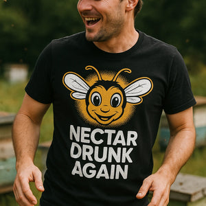 "Nectar Drunk Again" black bee t shirt - also a bee shirt for men