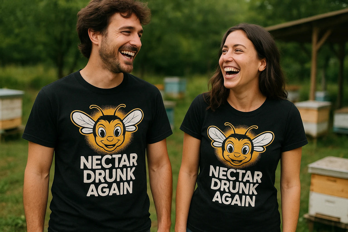 Person wearing the black bee t shirt graphic tee - "Nectar Drunk Again" design