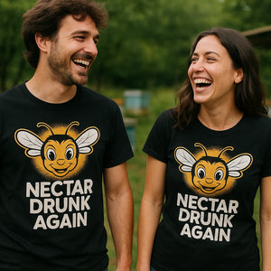 Person wearing the black bee t shirt graphic tee - "Nectar Drunk Again" design