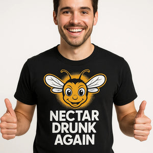 Close-up of the "Nectar Drunk Again" white print on a premium Bella+Canvas black bee t shirt