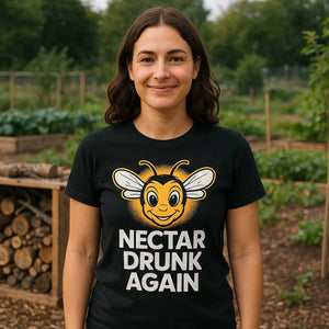 Lifestyle shot of the "Nectar Drunk Again" black bee t shirt in a real-world setting
