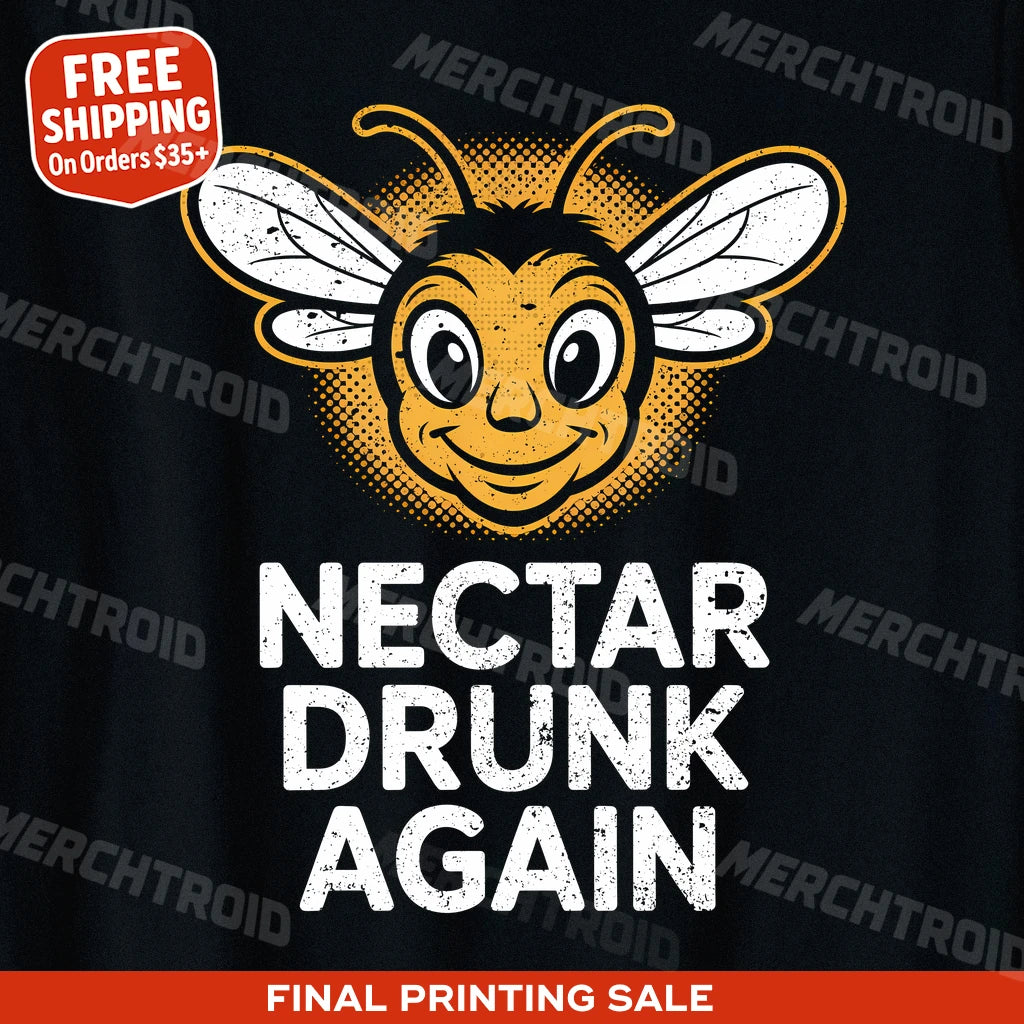 "Nectar Drunk Again" black bee t shirt, photographed as presents for bee lovers