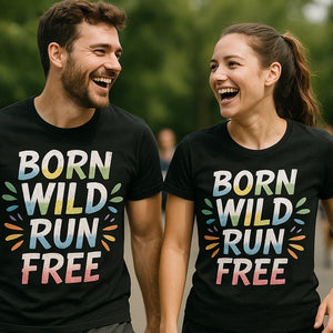Person wearing the black running tee graphic tee - "Born Wild Run Free" design