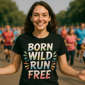Lifestyle shot of the "Born Wild Run Free" black running tee in a real-world setting