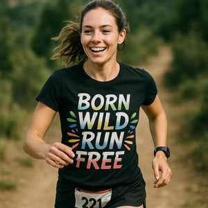 "Born Wild Run Free" black running tee, photographed as gifts for running lovers