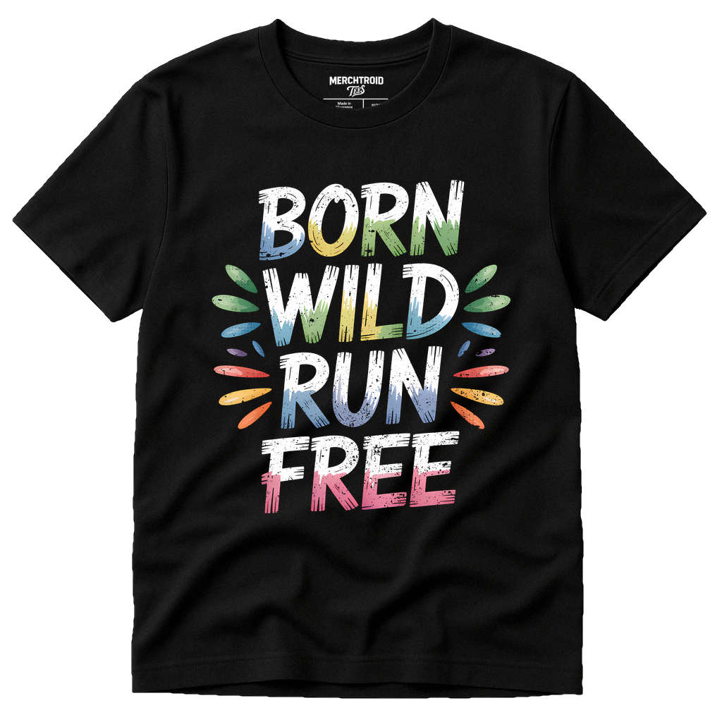 Black Running Tee - "Born Wild Run Free" graphic tee with gray print, flat lay product photo