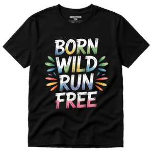 Black Running Tee - "Born Wild Run Free" graphic tee with gray print, flat lay product photo