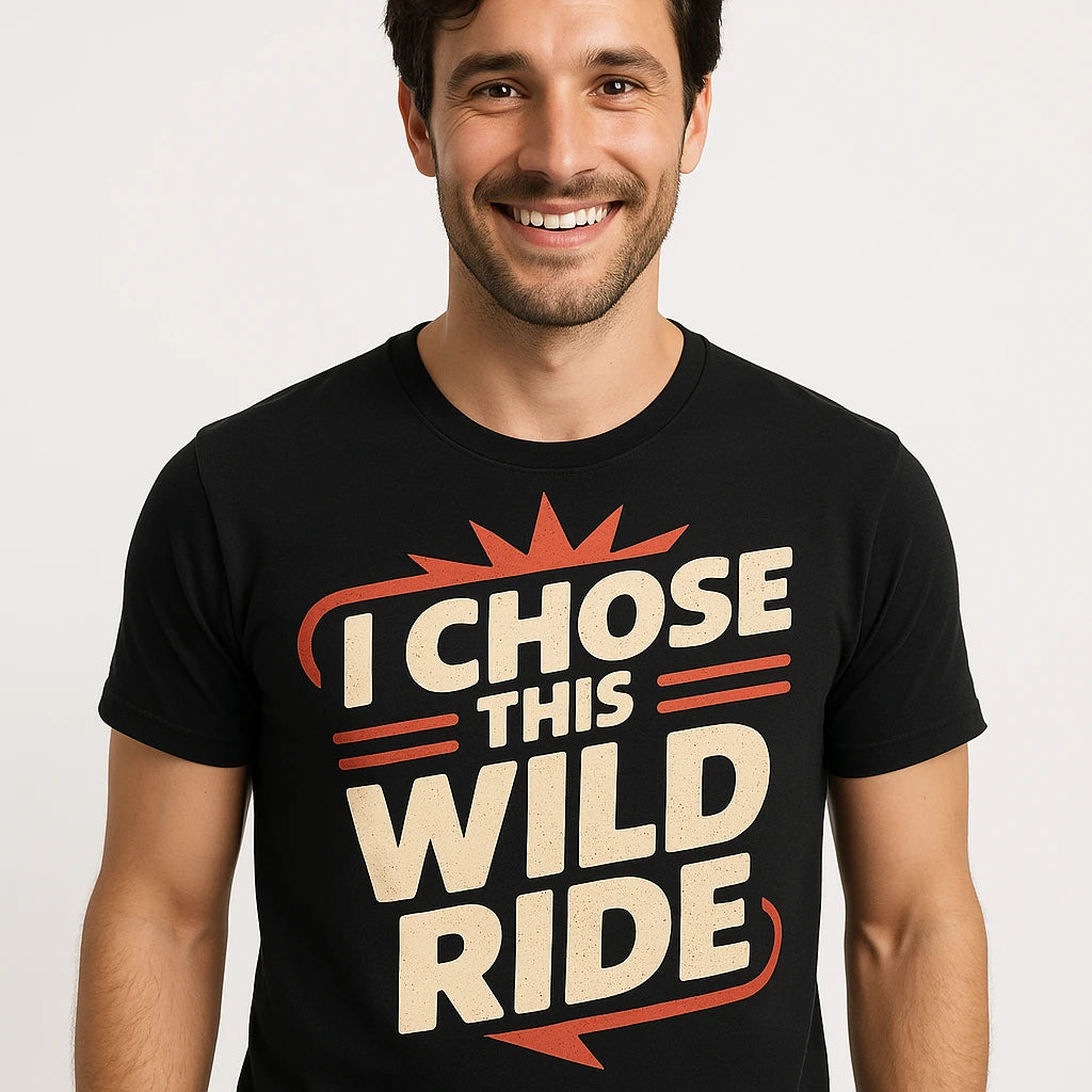 Close-up of the "I Chose This Wild Ride" beige print on a premium Bella+Canvas black relationships shirts