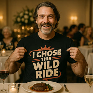 Lifestyle shot of the "I Chose This Wild Ride" black relationships shirts in a real-world setting