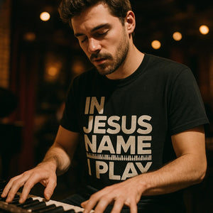 "In Jesus Name I Play" black piano shirts, photographed as gifts for piano enthusiasts