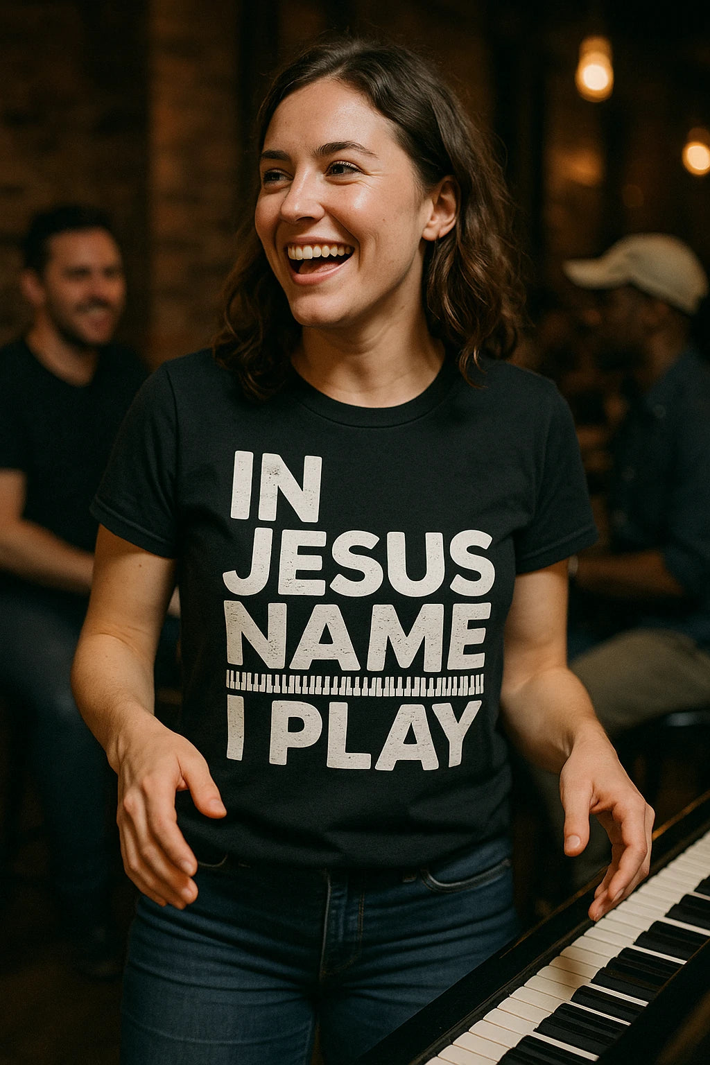 "In Jesus Name I Play" black piano shirts - also one of the presents for piano lovers