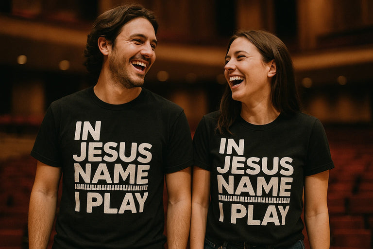 Person wearing the black piano shirts graphic tee - 