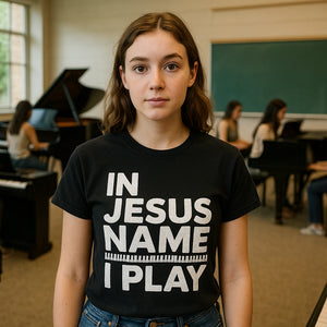 Lifestyle shot of the "In Jesus Name I Play" black piano shirts in a real-world setting