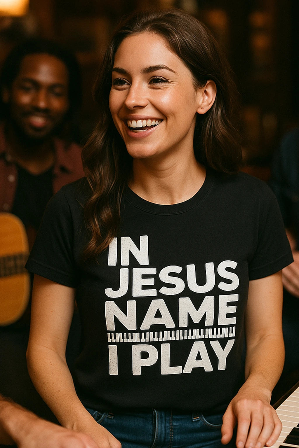 "In Jesus Name I Play" black piano shirts - also one of the best gifts for piano lovers