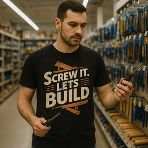 Lifestyle shot of the "Screw It Lets Build" black carpentry shirts in a real-world setting