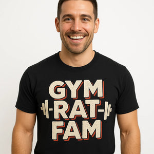 Close-up of the "Gym Rat Fam" beige print on a premium Bella+Canvas black exercise shirts womens
