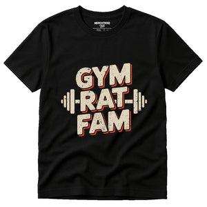 Black Exercise Shirts Womens - "Gym Rat Fam" graphic tee with beige print, flat lay product photo
