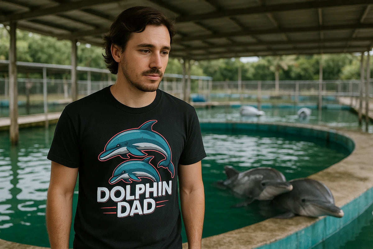 Lifestyle shot of the "Dolphin Dad" black dolphin tee in a real-world setting
