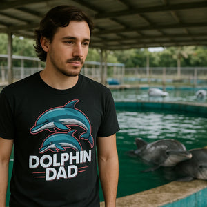 Lifestyle shot of the "Dolphin Dad" black dolphin tee in a real-world setting