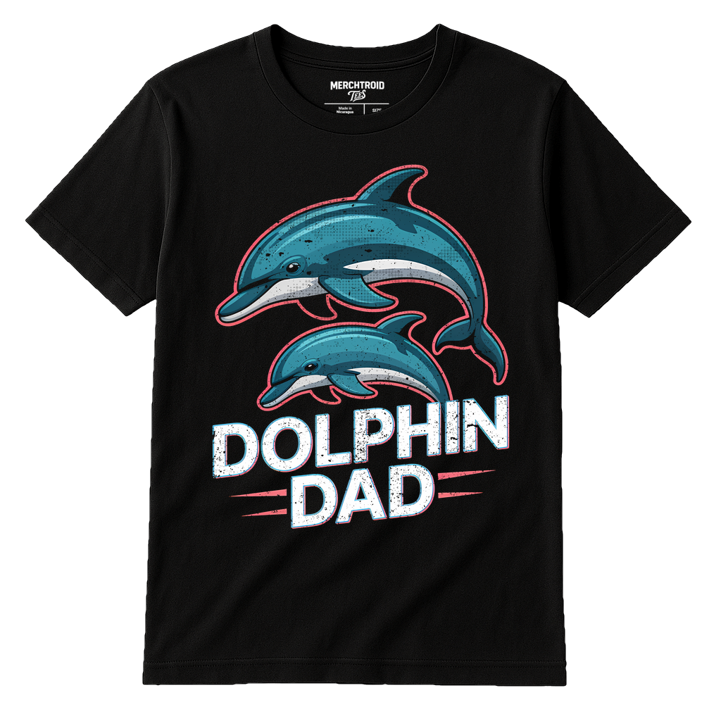Black Dolphin Tee - "Dolphin Dad" graphic tee with teal print, flat lay product photo