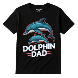 Black Dolphin Tee - "Dolphin Dad" graphic tee with teal print, flat lay product photo