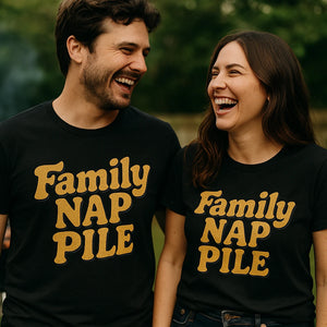 Person wearing the black family life t shirt graphic tee - "Family Nap Pile" design