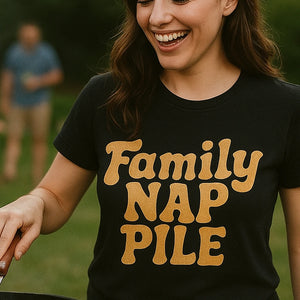 "Family Nap Pile" black family life t shirt, photographed as family life lover gift
