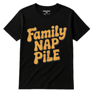 Black Family Life T Shirt - "Family Nap Pile" graphic tee with gold print, flat lay product photo