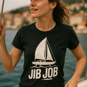 "Jib Job" black sailing shirts, photographed as gifts for sailing lovers
