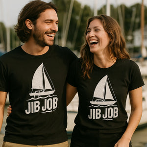 Person wearing the black sailing shirts graphic tee - "Jib Job" design