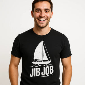 Close-up of the "Jib Job" white print on a premium Bella+Canvas black sailing shirts