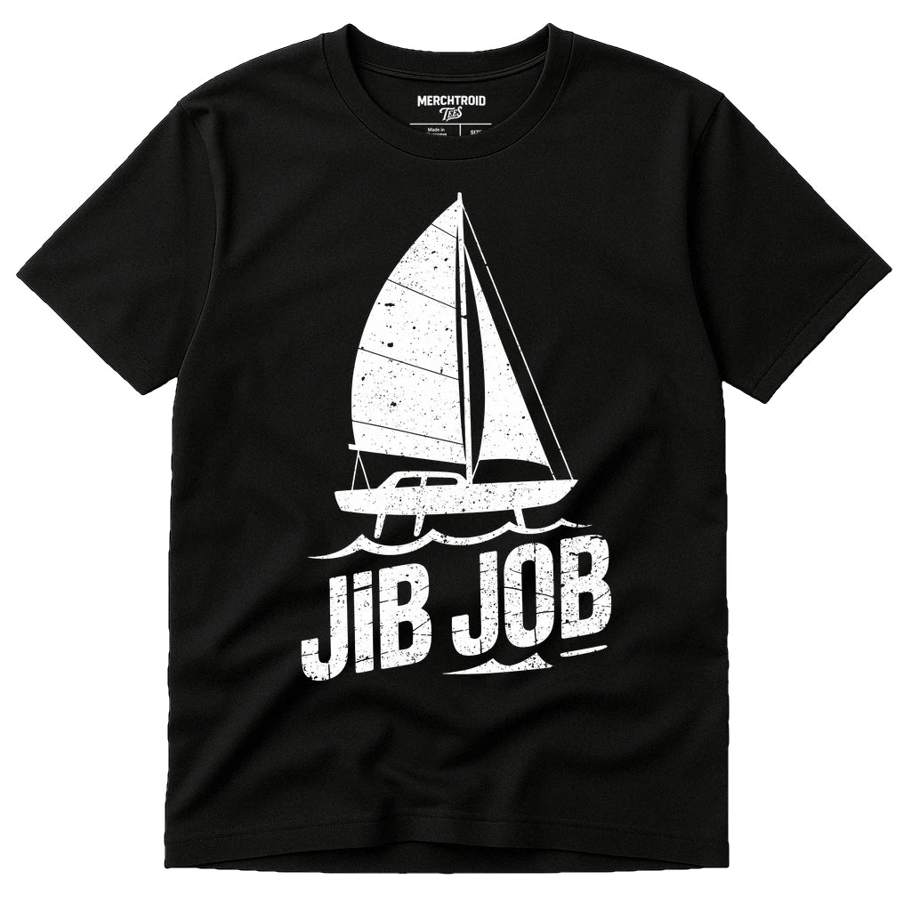 Black Sailing Shirts - "Jib Job" graphic tee with white print, flat lay product photo