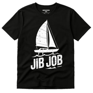 Black Sailing Shirts - "Jib Job" graphic tee with white print, flat lay product photo