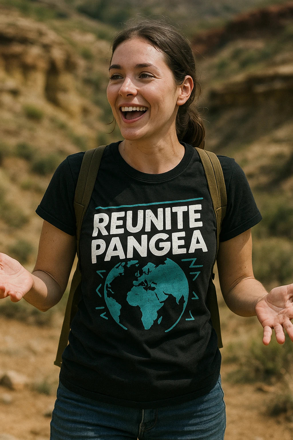 "Reunite Pangea" black geology shirts, photographed as gifts for geology lovers