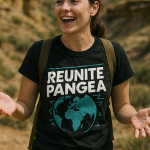 "Reunite Pangea" black geology shirts, photographed as gifts for geology lovers