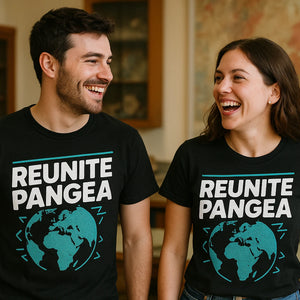 Person wearing the black geology shirts graphic tee - "Reunite Pangea" design