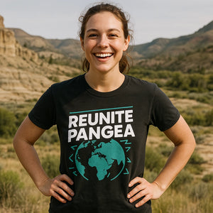 Lifestyle shot of the "Reunite Pangea" black geology shirts in a real-world setting